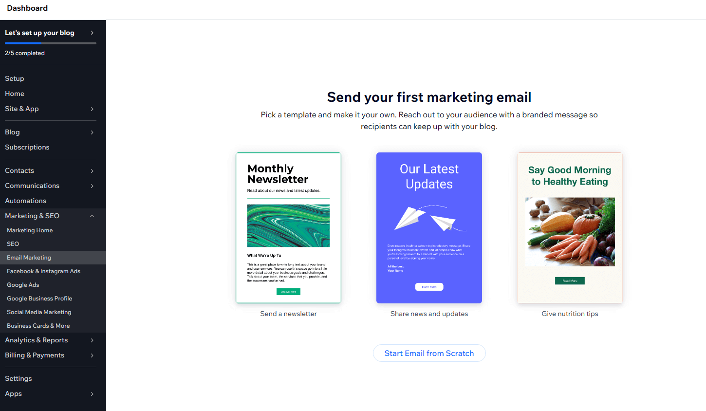 Cómo crear un sitio web sencillo para tu empresa con Wix (instrucciones paso a paso) 24 wix-send-your-first-marketing-email